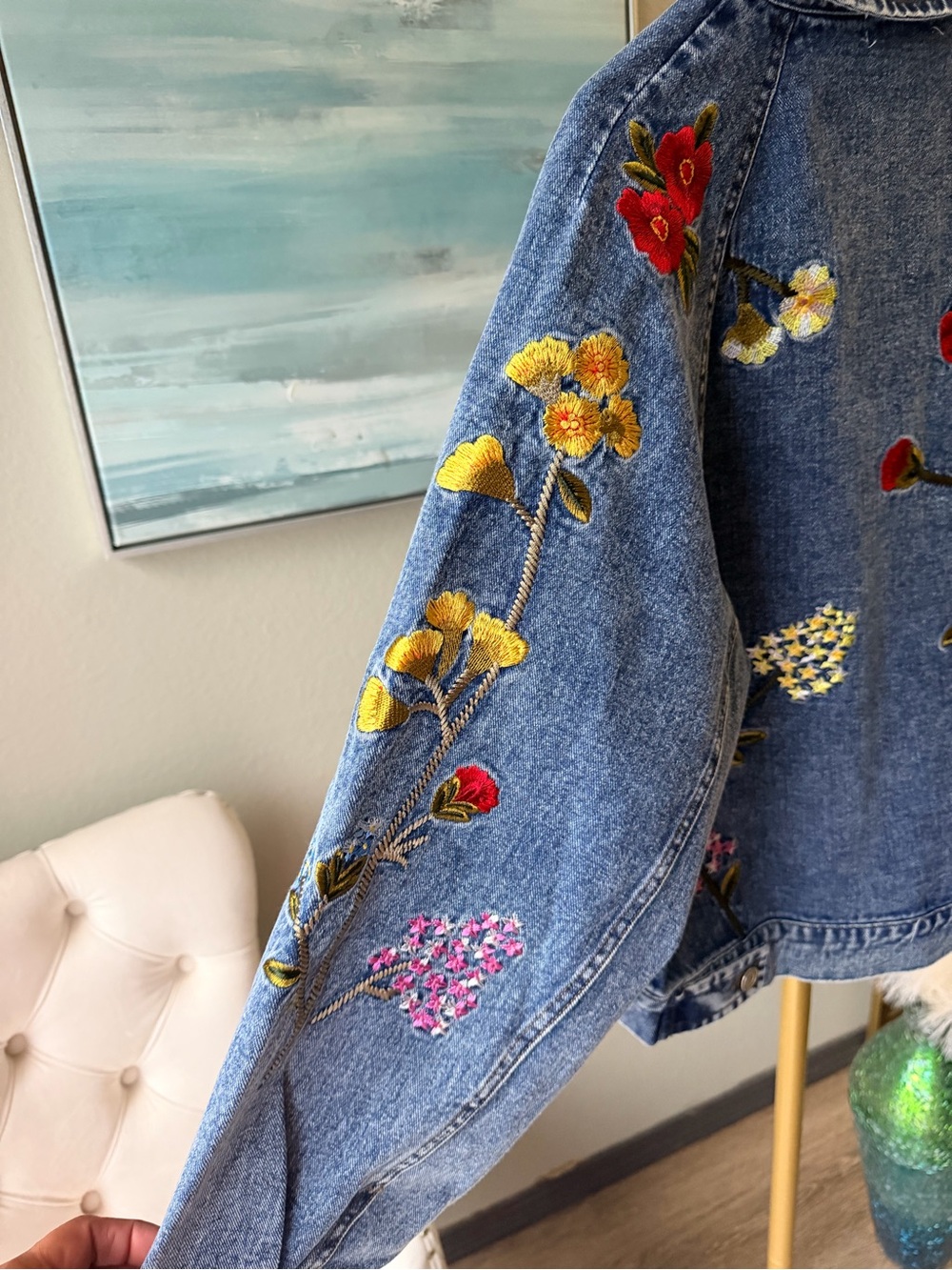 Adore XL Floral Embroidered Denim Jacket Boutique Statement Piece NWT - Picture 10 of 16